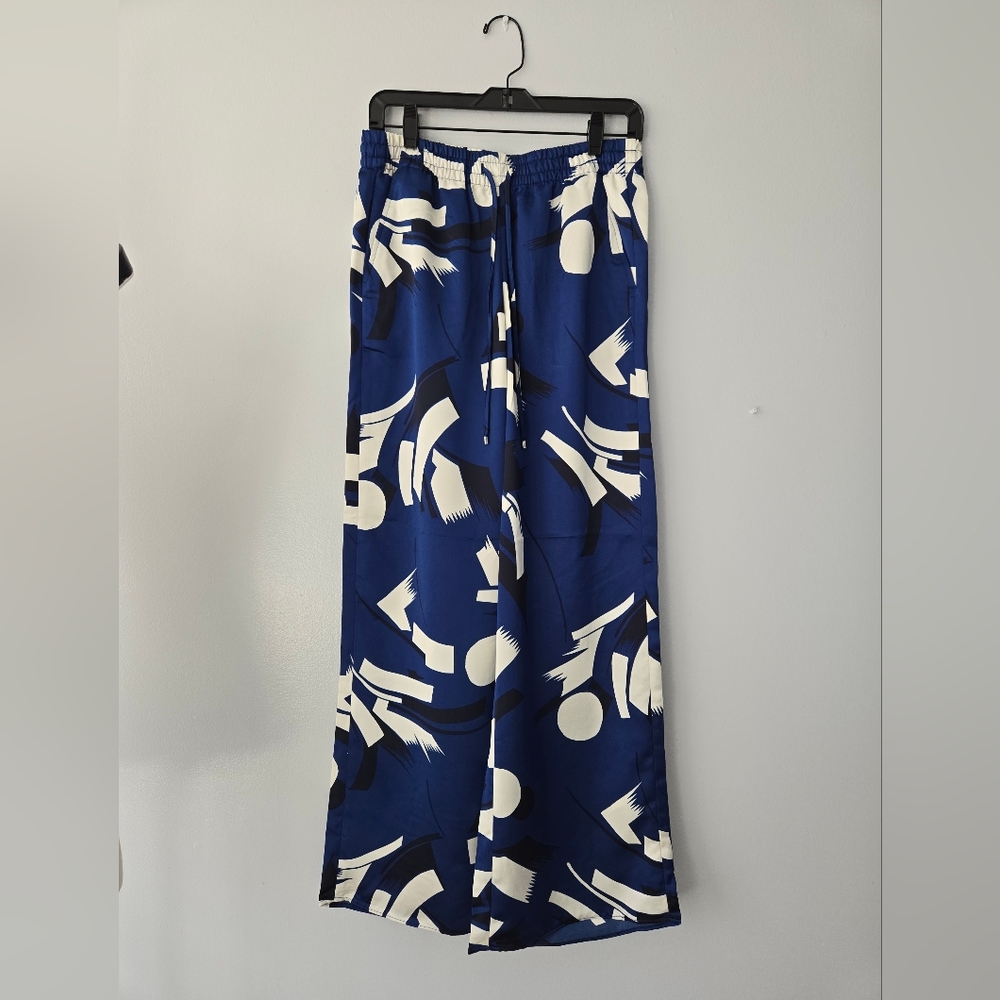 NWOT Ralph Lauren Wide Leg Navy/White Print Drawstring Pants, sS